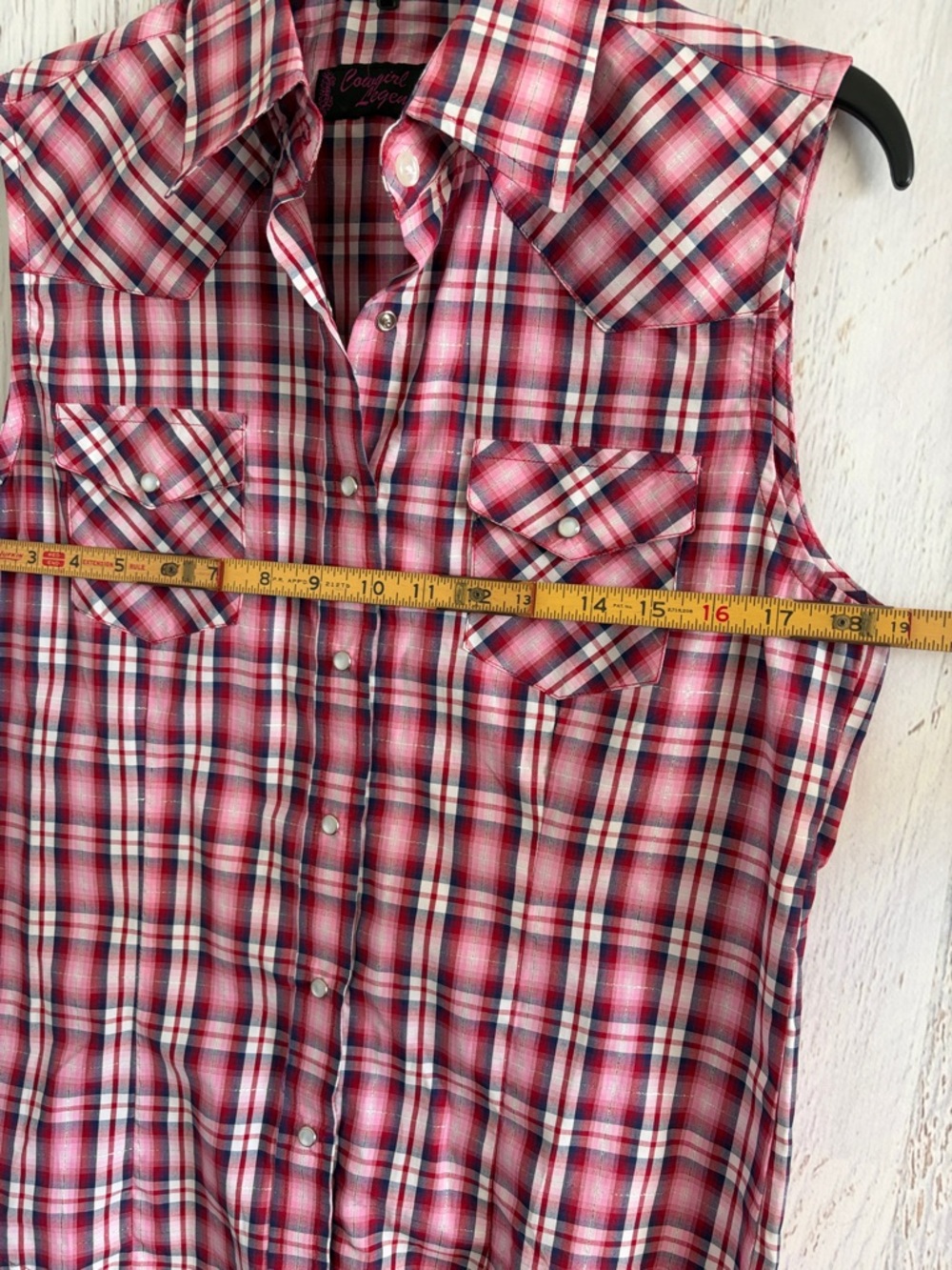 Cowgirl Legend Plaid Western Sleeveless Pearl Snap Shirt — Pink/Red/Navy - Picture 3 of 6